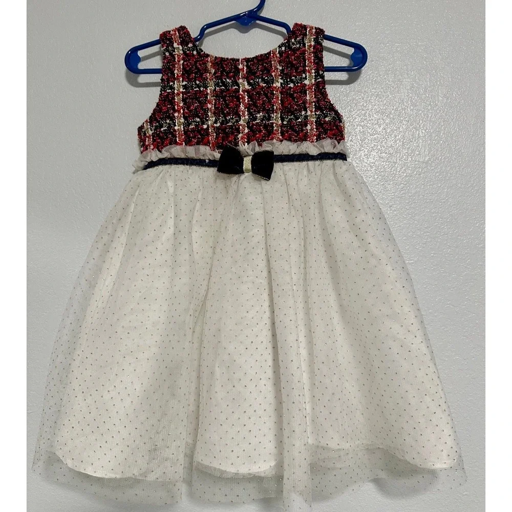 Blueberi Boulevard Plaid Tulle‎ Dress Girls 4T Red White Excellent Bow Metallic